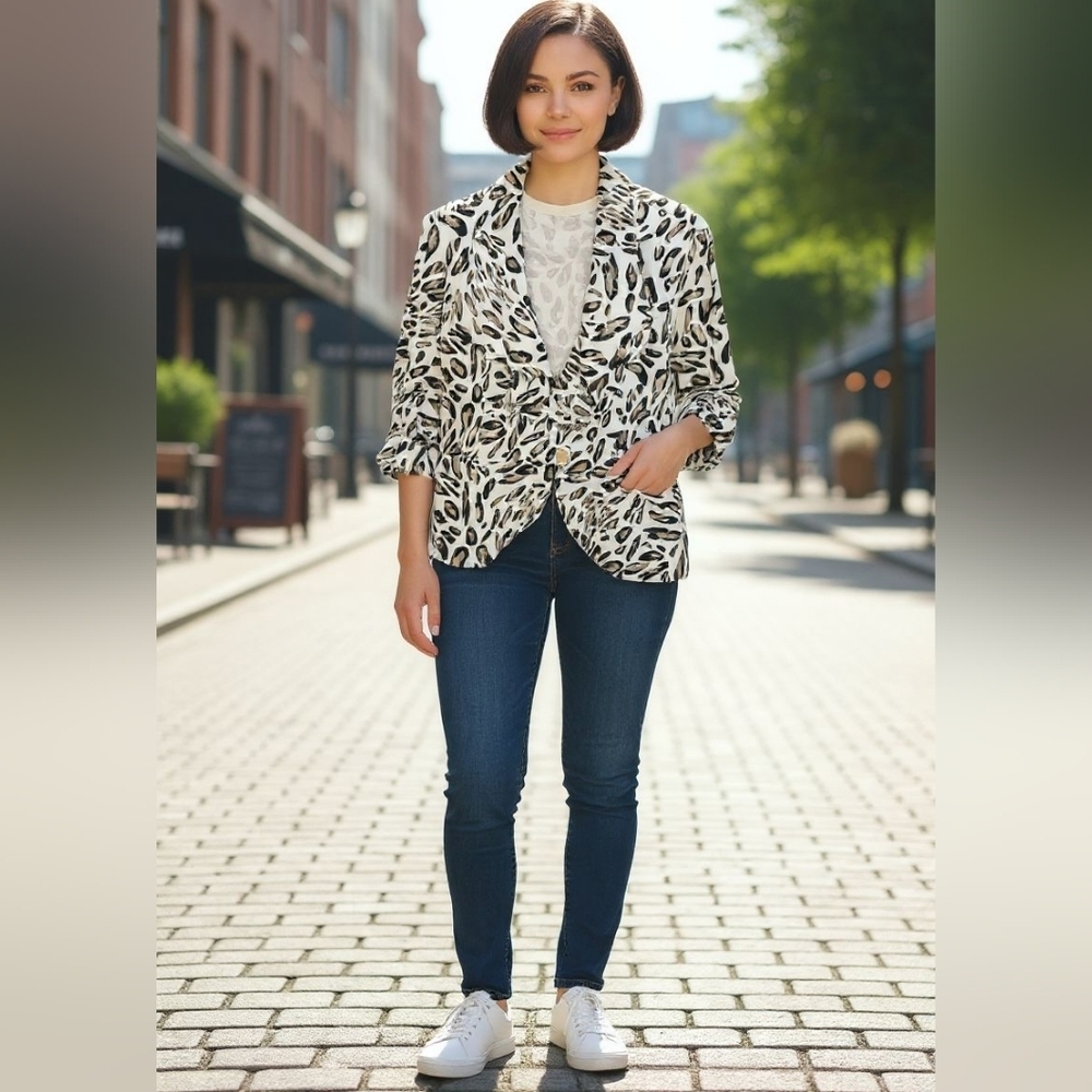 Zoe Stylish Leopard Print Short Jacket Made In Canada Size 12 Excellent